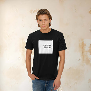 Slim-fit men's black t-shirt featuring "Addicted to Rocks" graphic, perfect for rock climbing enthusiasts.