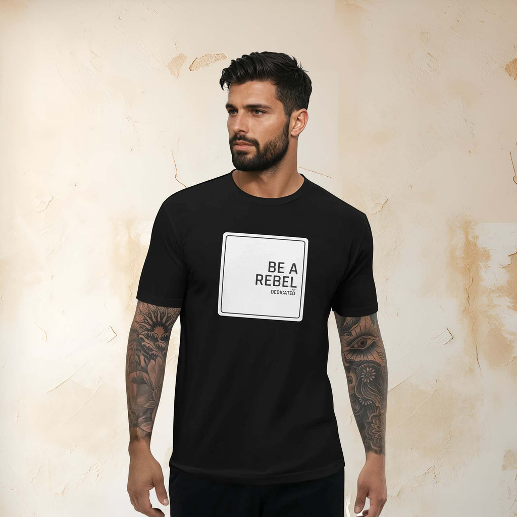 Men's black t-shirt with "BE A REBEL" graphic, showcasing a bold and edgy style for nontraditional wear.