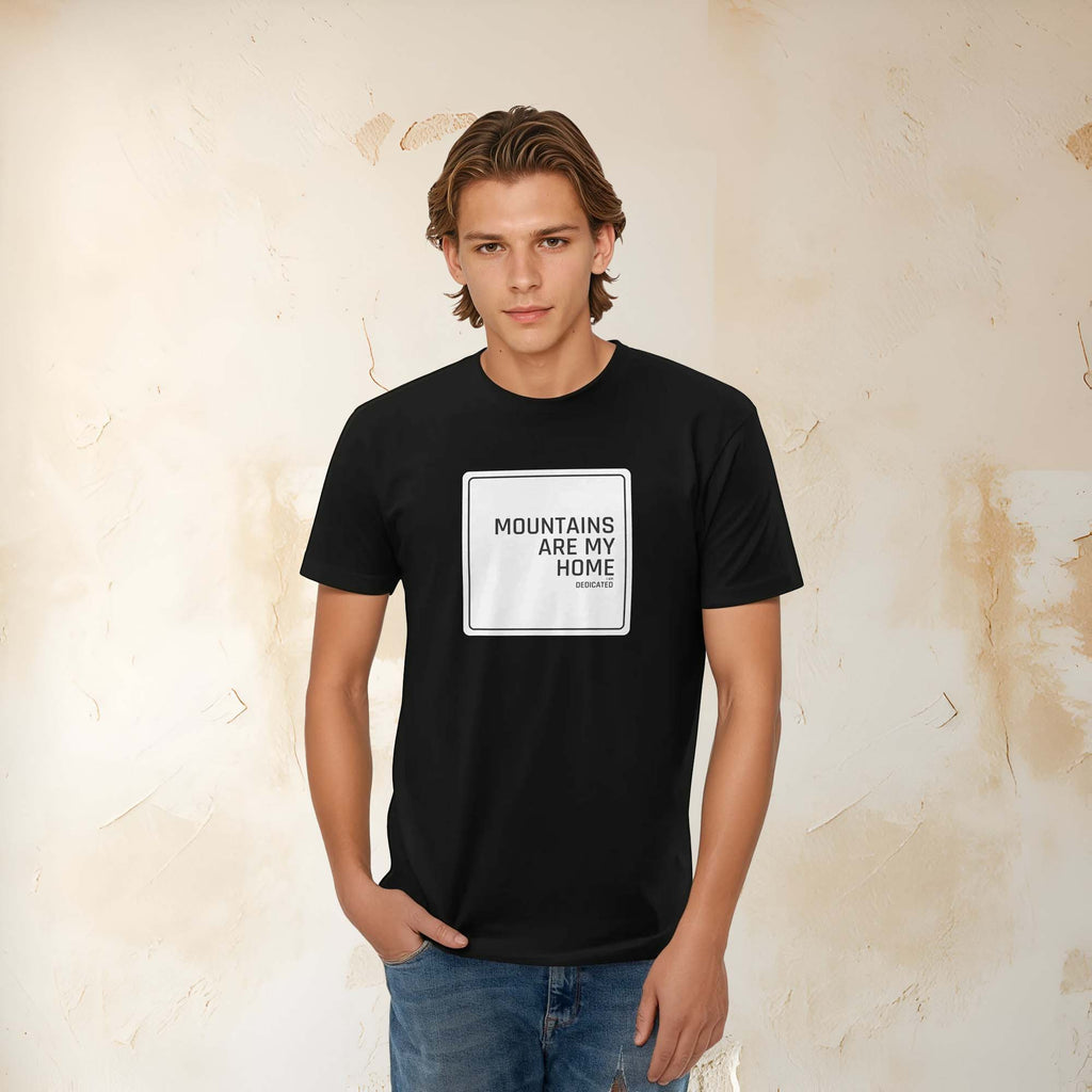 Slim-fit men's black t-shirt featuring "MOUNTAINS ARE MY HOME" quote, ideal for nature lovers and adventurers.